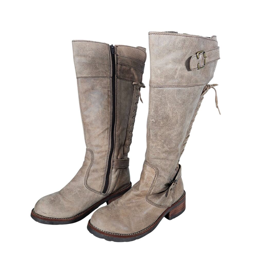 De Togni Womens Boots EU 36 Tall Taupe Leather Lace Back Zip Edgy Riding Western